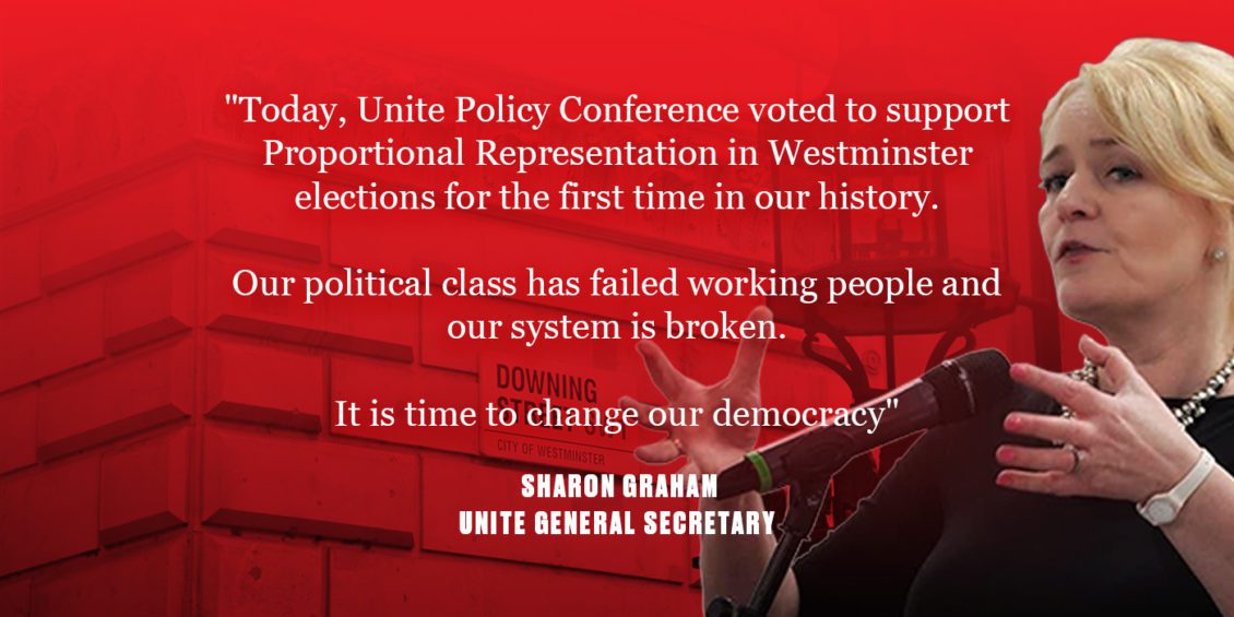 Today, Unite Policy Conference voted to support Proportional Representation in Westminster elections for the first time in our history. Our political class has failed working people and our system is broken. It is time to change our democracy.