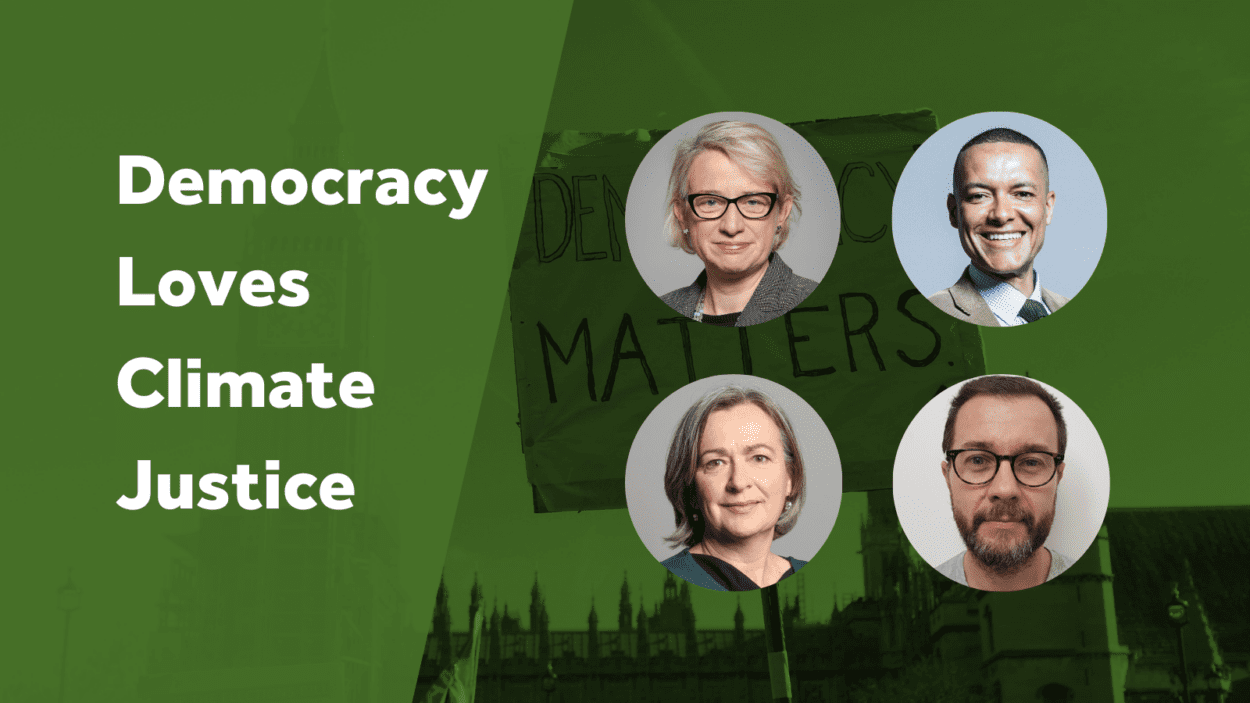 Event poster with four pictures of the speakers
